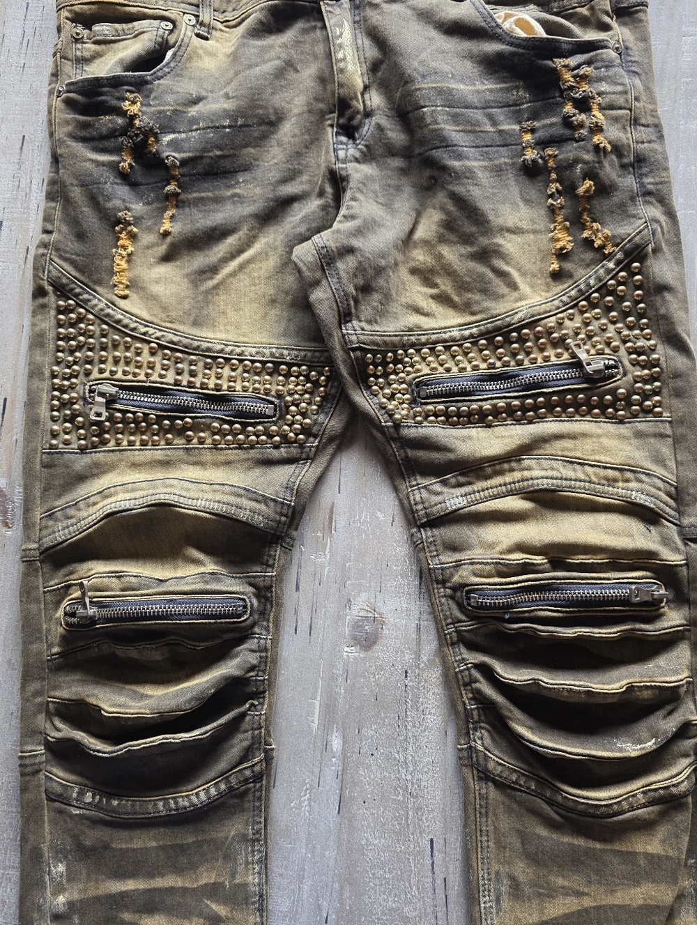 Mens Studded Distressed Embellished Moto Jeans in Olive/Bronze
